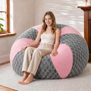 5FT Bean Bag Chair Teardrop Beanbag Chair with Memory Foam Filled Soft Plush Leaf alongside Checkboard Bean Bag Sofa with Removable Cover for Living Room,Bedroom-Plush Light Grey&Pink 5FT Bean Bag Chair Teardrop Beanbag Chair with Memory Foam Filled Soft Plush Leaf alongside Checkboard Bean Bag Sofa with Removable Cover for Living Room,Bedroom-Plush Light Grey&Pink