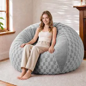 5FT Bean Bag Chair Teardrop Beanbag Chair with Memory Foam Filled Soft Plush Leaf alongside Checkboard Bean Bag Sofa with Removable Cover for Living Room,Bedroom-Plush Light Grey 5FT Bean Bag Chair Teardrop Beanbag Chair with Memory Foam Filled Soft Plush Leaf alongside Checkboard Bean Bag Sofa with Removable Cover for Living Room,Bedroom-Plush Light Grey