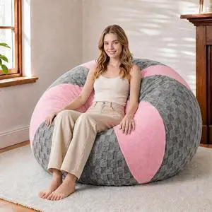 4FT Bean Bag Chair Teardrop Beanbag Chair with Memory Foam Filled Soft Plush Leaf alongside Checkboard Bean Bag Sofa with Removable Cover for Living Room,Bedroom-Plush Light Grey&Pink 4FT Bean Bag Chair Teardrop Beanbag Chair with Memory Foam Filled Soft Plush Leaf alongside Checkboard Bean Bag Sofa with Removable Cover for Living Room,Bedroom-Plush Light Grey&Pink