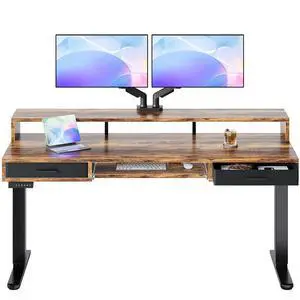 63 x 26 Electric Standing Desk with 2 Drawers &24.4 Large Keyboard Tray, C-Clamp Mount Compatible, Adjustable Computer Desk for Office, Sit Stand Up Desk with 4 Height Presets, Vintage Brown 63 x 26 Electric Standing Desk with 2 Drawers &24.4 Large Keyboard Tray, C-Clamp Mount Compatible, Adjustable Computer Desk for Office, Sit Stand Up Desk with 4 Height Presets, Vintage Brown