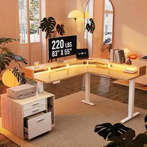 LED Electric L Shaped Standing Desk with File Cabinet, Light Walnut | 63"x55" 2-Tier L-Desk,3-Drawer File Cabinet,RGB LED App Lighting,Built-in Power Outlets,27.6"-46.5" Adjustable Height LED Electric L Shaped Standing Desk with File Cabinet, Light Walnut | 63"x55" 2-Tier L-Desk,3-Drawer File Cabinet,RGB LED App Lighting,Built-in Power Outlets,27.6"-46.5" Adjustable Height