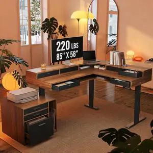 85" Electric L Shaped Standing Desk with File Cabinet, Walnut | 65"x58" 2-Tier L-Desk,File Cabinet, 6 Drawers,220lbs Carbon Steel,4 Memory Presets, 27.6"-46.5" Adjustable Height 85" Electric L Shaped Standing Desk with File Cabinet, Walnut | 65"x58" 2-Tier L-Desk,File Cabinet, 6 Drawers,220lbs Carbon Steel,4 Memory Presets, 27.6"-46.5" Adjustable Height