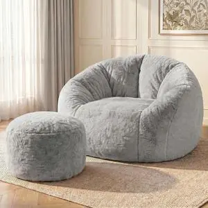 Bean Bag Chair, Oversized Shell-Shaped Bean Bag Couch with Ottoman, Giant Beanbag Chair for Adults and Kids, Comfy Bean Bag Sofa & Footstool, Large Floor Sofa for Living Room Bedroom, Grey Bean Bag Chair, Oversized Shell-Shaped Bean Bag Couch with Ottoman, Giant Beanbag Chair for Adults and Kids, Comfy Bean Bag Sofa & Footstool, Large Floor Sofa for Living Room Bedroom, Grey