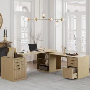 L Shaped Electric Standing Desk, 81'' x 68" Executive Height Adjustable Desk with Drawers and File Cabinet, AC/USB, Fluted Computer Desk with Storage Shelves for Home Office, Light Walnut L Shaped Electric Standing Desk, 81'' x 68" Executive Height Adjustable Desk with Drawers and File Cabinet, AC/USB, Fluted Computer Desk with Storage Shelves for Home Office, Light Walnut