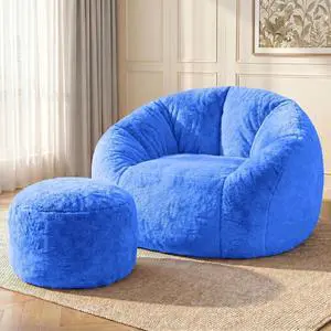 Bean Bag Chair, Oversized Shell-Shaped Bean Bag Couch with Ottoman, Giant Beanbag Chair for Adults and Kids, Comfy Bean Bag Sofa & Footstool, Large Floor Sofa for Living Room Bedroom, Blue Bean Bag Chair, Oversized Shell-Shaped Bean Bag Couch with Ottoman, Giant Beanbag Chair for Adults and Kids, Comfy Bean Bag Sofa & Footstool, Large Floor Sofa for Living Room Bedroom, Blue