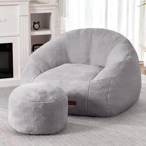 Bean Bag Chair, Giant Bean Bag Chairs for Adults with Ottoman, Comfy Faux Fur Shell-Shaped Bean Bag Couch, Sofa Chair for Living Room, Bedroom, Grey Bean Bag Chair, Giant Bean Bag Chairs for Adults with Ottoman, Comfy Faux Fur Shell-Shaped Bean Bag Couch, Sofa Chair for Living Room, Bedroom, Grey