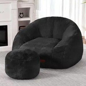 Bean Bag Chair, Giant Bean Bag Chairs for Adults with Ottoman, Comfy Faux Fur Shell-Shaped Bean Bag Couch, Sofa Chair for Living Room, Bedroom, Black Bean Bag Chair, Giant Bean Bag Chairs for Adults with Ottoman, Comfy Faux Fur Shell-Shaped Bean Bag Couch, Sofa Chair for Living Room, Bedroom, Black