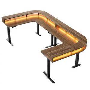 U-Shape Standing Desk with LED Strip & Power Outrlets, 2-Tier Height Adjustable Sit Stand up Gaming Desk with Power Strip Holder, Large Computer Table for Home Office, Walnut U-Shape Standing Desk with LED Strip & Power Outrlets, 2-Tier Height Adjustable Sit Stand up Gaming Desk with Power Strip Holder, Large Computer Table for Home Office, Walnut