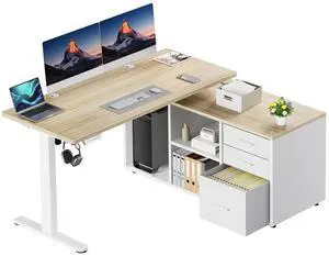 L Shaped Standing Desk, Electric Executive Desk with Drawers, Adjustable Height Stand Up Desk, 55 x 23.6 One-Whole Piece Desktop, Computer Desk with 4 Memory Presets, Light Walnut L Shaped Standing Desk, Electric Executive Desk with Drawers, Adjustable Height Stand Up Desk, 55 x 23.6 One-Whole Piece Desktop, Computer Desk with 4 Memory Presets, Light Walnut