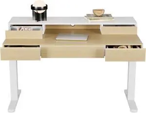Standing Desk with Drawers, 48 Inches Electric Height Adjustable Desk with Storage, Whole-Piece Board Sit Stand Up Desk with Monitor Shelf, Light Walnut Standing Desk with Drawers, 48 Inches Electric Height Adjustable Desk with Storage, Whole-Piece Board Sit Stand Up Desk with Monitor Shelf, Light Walnut