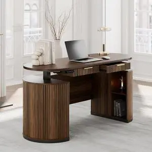 Electric Standing Desk with Storage Drawers, 63'' Executive Height Adjustable Desk with Privacy Panel and Shelves, Wood Fluted Computer Desk for Home Office, Black Walnut Electric Standing Desk with Storage Drawers, 63'' Executive Height Adjustable Desk with Privacy Panel and Shelves, Wood Fluted Computer Desk for Home Office, Black Walnut