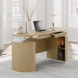 Electric Standing Desk with Storage Drawers, 63'' Executive Height Adjustable Desk with Privacy Panel and Shelves, Wood Fluted Computer Desk for Home Office, Light Walnut Electric Standing Desk with Storage Drawers, 63'' Executive Height Adjustable Desk with Privacy Panel and Shelves, Wood Fluted Computer Desk for Home Office, Light Walnut