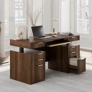 59 Inch Standing Desk with Storage Drawers, Executive Electric Height Adjustable Desk with Keyboard Tray, File Cabinet and AC/USB, Fluted Stand Up Desk with Privacy Panel, Black Walnut 59 Inch Standing Desk with Storage Drawers, Executive Electric Height Adjustable Desk with Keyboard Tray, File Cabinet and AC/USB, Fluted Stand Up Desk with Privacy Panel, Black Walnut