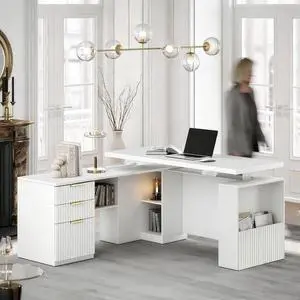 63 Inches L Shaped Electric Standing Desk, Height Adjustable Executive Desk with Drawers and File Cabinet, AC/USB, 1.18" Desktop and Privacy Panel for Home Office, White 63 Inches L Shaped Electric Standing Desk, Height Adjustable Executive Desk with Drawers and File Cabinet, AC/USB, 1.18" Desktop and Privacy Panel for Home Office, White