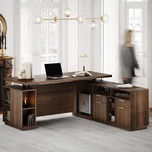 L Shaped Executive Standing Desk with File Cabinet, Electric Height Adjustable Desk with AC/USB and Privacy Panel for Home and Office, Black Walnut L Shaped Executive Standing Desk with File Cabinet, Electric Height Adjustable Desk with AC/USB and Privacy Panel for Home and Office, Black Walnut