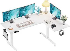 Dual Motor 71x48 inch L Shaped Electric Standing Desk with 3 Preset Heights, Electric Height Adjustable Computer Table, 2 Hooks & Cable Tray, Raising Desk for Home Office, White Dual Motor 71x48 inch L Shaped Electric Standing Desk with 3 Preset Heights, Electric Height Adjustable Computer Table, 2 Hooks & Cable Tray, Raising Desk for Home Office, White