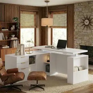63 Inches L Shaped Standing Desk, Executive Standing Desk with Drawers and File Cabinet, AC/USB, 1.18" Desktop, Multi-Sized Storage Cubby, Privacy Panel, Fluted Computer Desk, White 63 Inches L Shaped Standing Desk, Executive Standing Desk with Drawers and File Cabinet, AC/USB, 1.18" Desktop, Multi-Sized Storage Cubby, Privacy Panel, Fluted Computer Desk, White