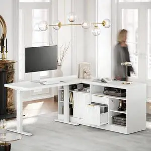 L Shaped Standing Desk, 67 Inches Electric Adjustable Desk with Storage & 2 File Cabinets, Fluted Executive Corner Desk for Home Office with Built-in Outlets1.18" Desktop, White L Shaped Standing Desk, 67 Inches Electric Adjustable Desk with Storage & 2 File Cabinets, Fluted Executive Corner Desk for Home Office with Built-in Outlets1.18" Desktop, White
