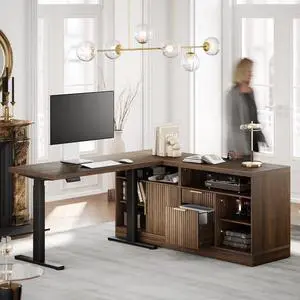 L Shaped Standing Desk, 67 Inches Electric Adjustable Desk with Storage & 2 File Cabinets, Fluted Executive Corner Desk for Home Office with Built-in Outlets1.18" Desktop, Black Walnut L Shaped Standing Desk, 67 Inches Electric Adjustable Desk with Storage & 2 File Cabinets, Fluted Executive Corner Desk for Home Office with Built-in Outlets1.18" Desktop, Black Walnut
