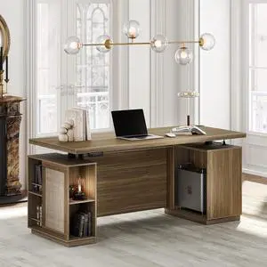70" Standing Desk with Storage, Executive Electric Height Adjustable Stand Up Desk with AC/USB and Privacy Panel, Large One-Piece Destop, Rattan Computer Desk for Home Office, Natural Oak 70" Standing Desk with Storage, Executive Electric Height Adjustable Stand Up Desk with AC/USB and Privacy Panel, Large One-Piece Destop, Rattan Computer Desk for Home Office, Natural Oak