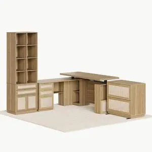 Home Office Furniture Set, 63'' Electric Standing Desk with 73'' Bookshelf and 2 Drawer Lateral File Cabinet, Office Furniture Desk Sets, Rattan Style Natural Oak Home Office Furniture Set, 63'' Electric Standing Desk with 73'' Bookshelf and 2 Drawer Lateral File Cabinet, Office Furniture Desk Sets, Rattan Style Natural Oak