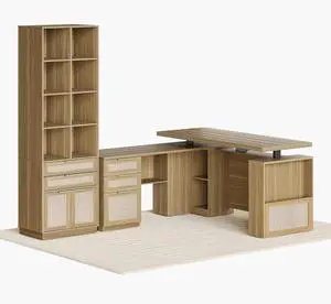 Home Office Furniture Set, 63'' L Shaped Standing Desk with 73'' Bookshelf, Electric Height Adjustable Desk with Drawers, File Cabinet, Office Furniture Desk Sets, Rattan Style Natural Oak Home Office Furniture Set, 63'' L Shaped Standing Desk with 73'' Bookshelf, Electric Height Adjustable Desk with Drawers, File Cabinet, Office Furniture Desk Sets, Rattan Style Natural Oak