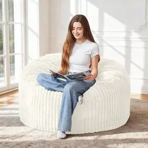 3FT Bean Bag Chair, 3' Large Bean Bag Chairs for Adults with Stripe Plush Cover, Memory Foam Beanbag Chair for Living Room Bedroom DormWhite 3FT Bean Bag Chair, 3' Large Bean Bag Chairs for Adults with Stripe Plush Cover, Memory Foam Beanbag Chair for Living Room Bedroom DormWhite