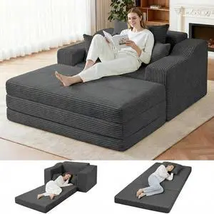 63.5" Oversized Chaise Lounge Chair Indoor, Convertible Boneless Sofa Bed with Ottoman, Comfy Cloud Couch with 3 Pillows, Corduroy Deep Seat Sleeper Chair for Living Room, No Assembly, Grey 63.5" Oversized Chaise Lounge Chair Indoor, Convertible Boneless Sofa Bed with Ottoman, Comfy Cloud Couch with 3 Pillows, Corduroy Deep Seat Sleeper Chair for Living Room, No Assembly, Grey