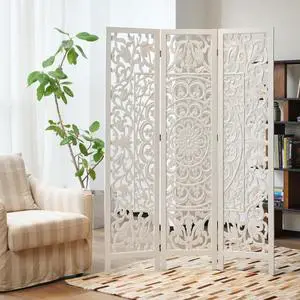 Carved Room Divider, White Hollow Carving Wood Screen, 3-Panel Luxury Decorative Folding Partition for Bedroom, Wedding, 67" H x 47.2" W Carved Room Divider, White Hollow Carving Wood Screen, 3-Panel Luxury Decorative Folding Partition for Bedroom, Wedding, 67" H x 47.2" W