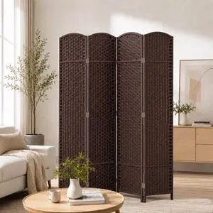4 Panel Woven Room Divider, 69" Folding Privacy Screen, Brown | with Solid Pine Wood Frame, Freestanding Decorative Partition for Bedroom, Apartment, Home Office, Living Room 4 Panel Woven Room Divider, 69" Folding Privacy Screen, Brown | with Solid Pine Wood Frame, Freestanding Decorative Partition for Bedroom, Apartment, Home Office, Living Room