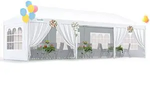 10x30ft Party Tent with Removable Church Sidewalls | Waterproof PE Canopy with Church Windows, 2 Zippered Doors, Rust-Resistant White Steel Frame for Weddings, Parties & BBQs 10x30ft Party Tent with Removable Church Sidewalls | Waterproof PE Canopy with Church Windows, 2 Zippered Doors, Rust-Resistant White Steel Frame for Weddings, Parties & BBQs