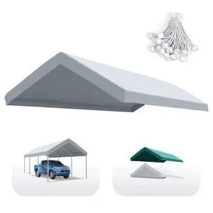 Carport Replacement Tarp Canopy Top Cover with Edge with Bungees Balls, for 10x20 ft Garage Party Tent Shelter - Gray, One Roof Only Carport Replacement Tarp Canopy Top Cover with Edge with Bungees Balls, for 10x20 ft Garage Party Tent Shelter - Gray, One Roof Only