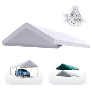 Carport Replacement Tarp Canopy Top Cover with Edge with Bungees Balls, for 10x20 ft Garage Party Tent Shelter - White, One Roof Only Carport Replacement Tarp Canopy Top Cover with Edge with Bungees Balls, for 10x20 ft Garage Party Tent Shelter - White, One Roof Only