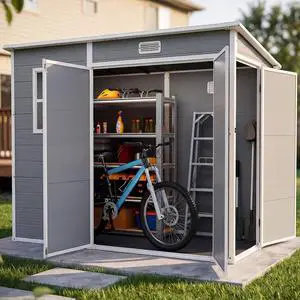 8x4 FT Outdoor Resin Storage Shed with Floor & Windows, Plastic Tool Shed with Lockable Door for Backyard, Patio, and Lawn.(Base 7.5X3.7FT) 8x4 FT Outdoor Resin Storage Shed with Floor & Windows, Plastic Tool Shed with Lockable Door for Backyard, Patio, and Lawn.(Base 7.5X3.7FT)