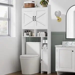 Homhedy Wooden Over The Toilet Storage Cabinet with Barn Door | Freestanding Bathroom Storage, Toilet Paper Holder, Adjustable Shelf,Space-Saving, Farmhouse Style, White Homhedy Wooden Over The Toilet Storage Cabinet with Barn Door | Freestanding Bathroom Storage, Toilet Paper Holder, Adjustable Shelf,Space-Saving, Farmhouse Style, White