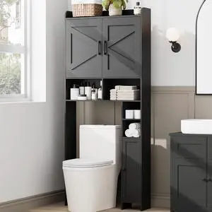 Homhedy Wooden Over The Toilet Storage Cabinet with Barn Door | Freestanding Bathroom Storage, Toilet Paper Holder, Adjustable Shelf,Space-Saving, Farmhouse Style, Black Homhedy Wooden Over The Toilet Storage Cabinet with Barn Door | Freestanding Bathroom Storage, Toilet Paper Holder, Adjustable Shelf,Space-Saving, Farmhouse Style, Black