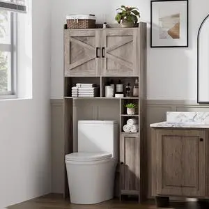 Homhedy Wooden Over The Toilet Storage Cabinet with Barn Door | Freestanding Bathroom Storage, Toilet Paper Holder, Adjustable Shelf,Space-Saving, Farmhouse Style, Greige Homhedy Wooden Over The Toilet Storage Cabinet with Barn Door | Freestanding Bathroom Storage, Toilet Paper Holder, Adjustable Shelf,Space-Saving, Farmhouse Style, Greige