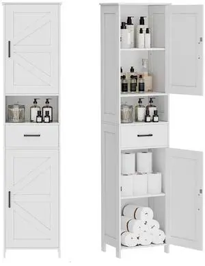 Homhedy 67" H Tall Bathroom Storage Cabinet with Barn Doors and Drawer | Narrow Storage Unit with Adjustable Shelves, Floor Cabinet for Bathroom, Living Room, Entryway or Kitchen, White, 15.7" W Homhedy 67" H Tall Bathroom Storage Cabinet with Barn Doors and Drawer | Narrow Storage Unit with Adjustable Shelves, Floor Cabinet for Bathroom, Living Room, Entryway or Kitchen, White, 15.7" W
