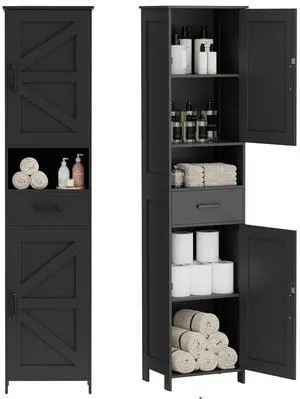 Homhedy 67" H Tall Bathroom Storage Cabinet with Barn Doors and Drawer | Narrow Storage Unit with Adjustable Shelves, Floor Cabinet for Bathroom, Living Room, Entryway or Kitchen, Black, 15.7" W Homhedy 67" H Tall Bathroom Storage Cabinet with Barn Doors and Drawer | Narrow Storage Unit with Adjustable Shelves, Floor Cabinet for Bathroom, Living Room, Entryway or Kitchen, Black, 15.7" W