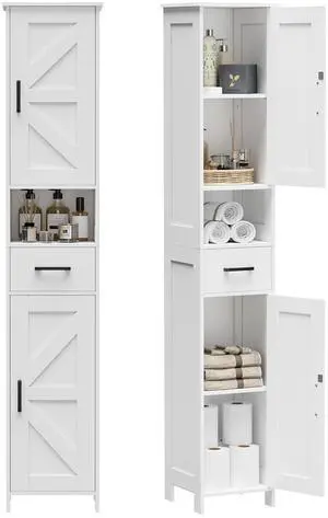Homhedy 67" H Tall Bathroom Storage Cabinet with Barn Doors and Drawer | Narrow Storage Unit with Adjustable Shelves, Floor Cabinet for Bathroom, Living Room, Entryway or Kitchen, White, 11.8" W Homhedy 67" H Tall Bathroom Storage Cabinet with Barn Doors and Drawer | Narrow Storage Unit with Adjustable Shelves, Floor Cabinet for Bathroom, Living Room, Entryway or Kitchen, White, 11.8" W