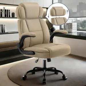 AreShark Ergonomic Office Chair with Lumbar Support, 400lbs Heavy Duty Big and Tall Executive Desk Chair, PU Leather High Back Computer Chair with Flip-Up Arms & Adjustable Headrest, Khaki AreShark Ergonomic Office Chair with Lumbar Support, 400lbs Heavy Duty Big and Tall Executive Desk Chair, PU Leather High Back Computer Chair with Flip-Up Arms & Adjustable Headrest, Khaki