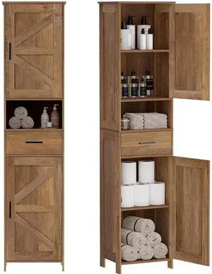 Homhedy 67" H Tall Bathroom Storage Cabinet with Barn Doors and Drawer | Narrow Storage Unit with Adjustable Shelves, Floor Cabinet for Bathroom, Living Room, Entryway,Kitchen,Rustic Walnut, 15.7" W Homhedy 67" H Tall Bathroom Storage Cabinet with Barn Doors and Drawer | Narrow Storage Unit with Adjustable Shelves, Floor Cabinet for Bathroom, Living Room, Entryway,Kitchen,Rustic Walnut, 15.7" W