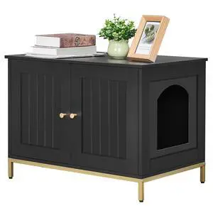 Homhedy 28.3" L Cat Litter Box Enclosure with Metal Frame, Black and Gold | Hidden Litter Box Furniture, Cat House, Pet Storage Cabinet, Fit Most of Litter Box, End Table, Morden Style Homhedy 28.3" L Cat Litter Box Enclosure with Metal Frame, Black and Gold | Hidden Litter Box Furniture, Cat House, Pet Storage Cabinet, Fit Most of Litter Box, End Table, Morden Style