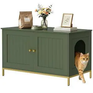 Homhedy 35.4" L Cat Litter Box Enclosure with Metal Frame, Green and Gold | Hidden Litter Box Furniture, Indoor Cat House, Pet Storage Cabinet, Fit Most of Litter Box, End Table, Morden Style Homhedy 35.4" L Cat Litter Box Enclosure with Metal Frame, Green and Gold | Hidden Litter Box Furniture, Indoor Cat House, Pet Storage Cabinet, Fit Most of Litter Box, End Table, Morden Style