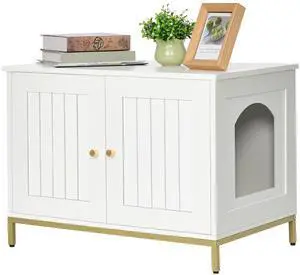Homhedy 28.3" L Cat Litter Box Enclosure with Metal Frame, White and Gold | Hidden Litter Box Furniture, Cat House, Pet Storage Cabinet, Fit Most of Litter Box, End Table, Morden Style Homhedy 28.3" L Cat Litter Box Enclosure with Metal Frame, White and Gold | Hidden Litter Box Furniture, Cat House, Pet Storage Cabinet, Fit Most of Litter Box, End Table, Morden Style