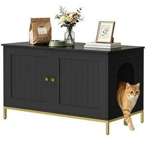 Homhedy 35.4" L Cat Litter Box Enclosure with Metal Frame, Black and Gold | Hidden Litter Box Furniture, Indoor Cat House, Pet Storage Cabinet, Fit Most of Litter Box, End Table, Morden Style Homhedy 35.4" L Cat Litter Box Enclosure with Metal Frame, Black and Gold | Hidden Litter Box Furniture, Indoor Cat House, Pet Storage Cabinet, Fit Most of Litter Box, End Table, Morden Style