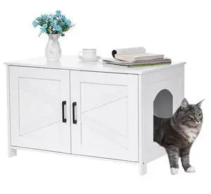 Homhedy 31.5" L Cat Litter Box Enclosure with Barn Door, White | Wooden Cat Washroom Furniture, Cat House, Pet Storage Cabinet, Dog-Proof, Fit Most of Litter Box, Farmhouse Style Homhedy 31.5" L Cat Litter Box Enclosure with Barn Door, White | Wooden Cat Washroom Furniture, Cat House, Pet Storage Cabinet, Dog-Proof, Fit Most of Litter Box, Farmhouse Style