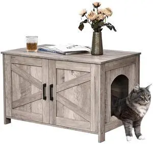 Homhedy 31.5" L Cat Litter Box Enclosure with Barn Door, Greige | Wooden Cat Washroom Furniture, Cat House, Pet Storage Cabinet, Dog-Proof, Fit Most of Litter Box, Farmhouse Style Homhedy 31.5" L Cat Litter Box Enclosure with Barn Door, Greige | Wooden Cat Washroom Furniture, Cat House, Pet Storage Cabinet, Dog-Proof, Fit Most of Litter Box, Farmhouse Style