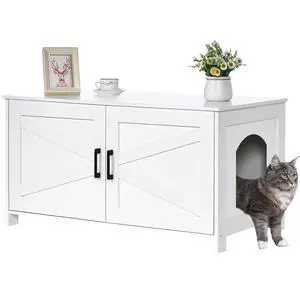 Homhedy 39.4" L Cat Litter Box Enclosure with Barn Door, White | Wooden Cat Washroom Furniture, Cat House, Pet Storage Cabinet, Dog-Proof, Fit Most of Litter Box, Farmhouse Style Homhedy 39.4" L Cat Litter Box Enclosure with Barn Door, White | Wooden Cat Washroom Furniture, Cat House, Pet Storage Cabinet, Dog-Proof, Fit Most of Litter Box, Farmhouse Style