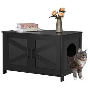 Homhedy 31.5" L Cat Litter Box Enclosure with Barn Door, Black | Wooden Cat Washroom Furniture, Cat House, Pet Storage Cabinet, Dog-Proof, Fit Most of Litter Box, Farmhouse Style Homhedy 31.5" L Cat Litter Box Enclosure with Barn Door, Black | Wooden Cat Washroom Furniture, Cat House, Pet Storage Cabinet, Dog-Proof, Fit Most of Litter Box, Farmhouse Style